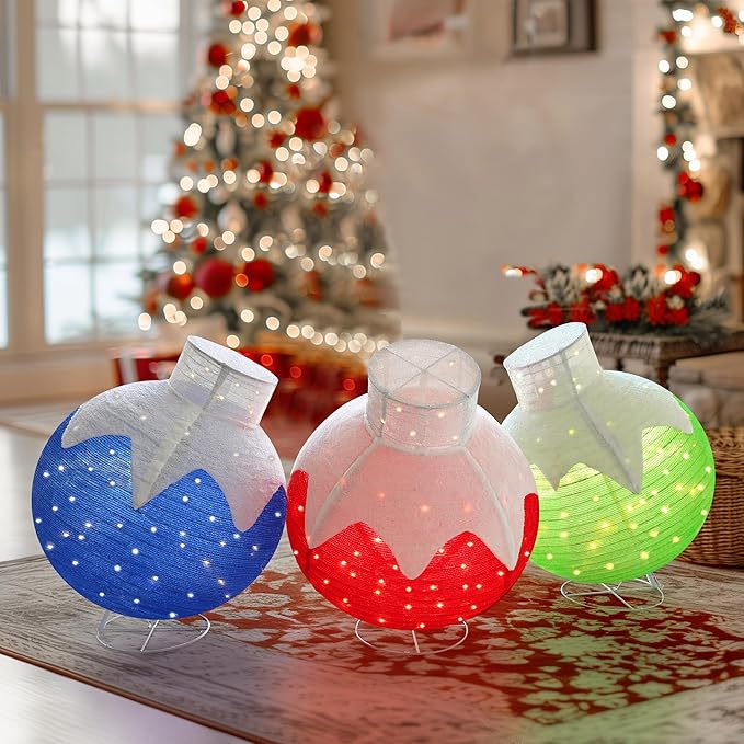 36 Inch Pop-Up Christmas Ball with 90 LED Lights for Outdoor Xmas Decor, 3-Piece Pre-Lit Iridescent Christmas Ball Ornaments Decor with Base, Outdoor 3D Glittered Standing Holiday Display-CasaMuseHome