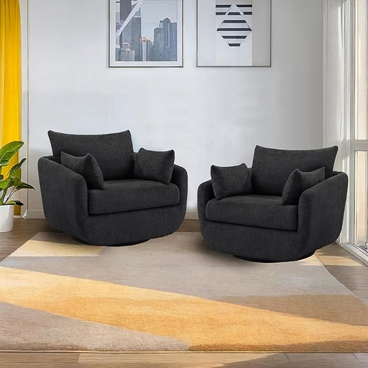 360° Swivel Accent Armchair Set of 2, 39.3" Oversized, Sherpa Boucle Fabric Sofa Chair with Removable Back & Arm Pillows, Swivel Chairs with Cozy Soft Padded, No Assembly Required, Dark Gray-CasaMuseHome
