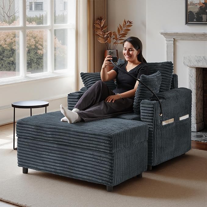 Accent Chair with Storage Ottoman Upholstered Living Room Chairs for Reading Chair with Chaise Lounge Chairs Indoor, Comfortable Armchair for Bedroom-CasaMuseHome