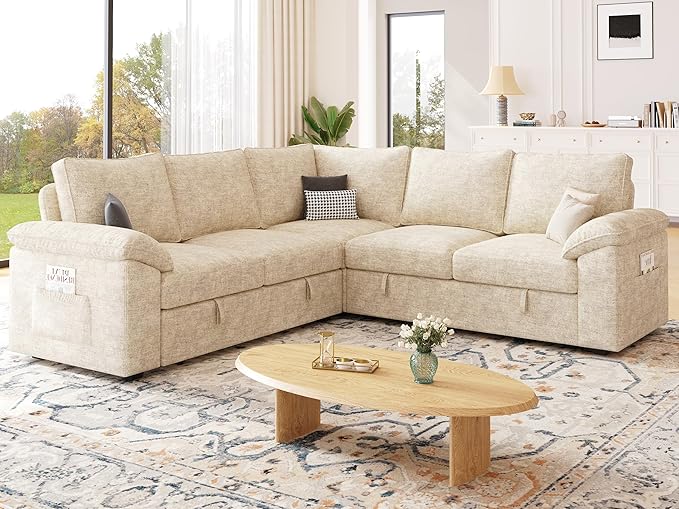 85 Inch Sectional Sleeper Sofa with Pull Out Bed,L Shaped 5 Seat Modular Sectional Sofa with Storage,Sectional Couches for Living Room,Cloud Modular Couch,Removable Sofa Cover,Beige-CasaMuseHome