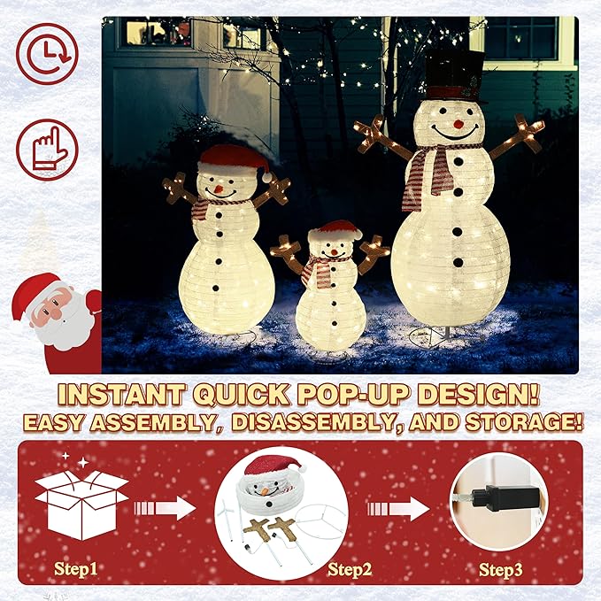 4FT Pop-Up Snowman Family, Pre-Lit Holiday Decoration Sign with 270 LED Lights, Customized Placement Holiday Display for Indoor, Outdoor-CasaMuseHome