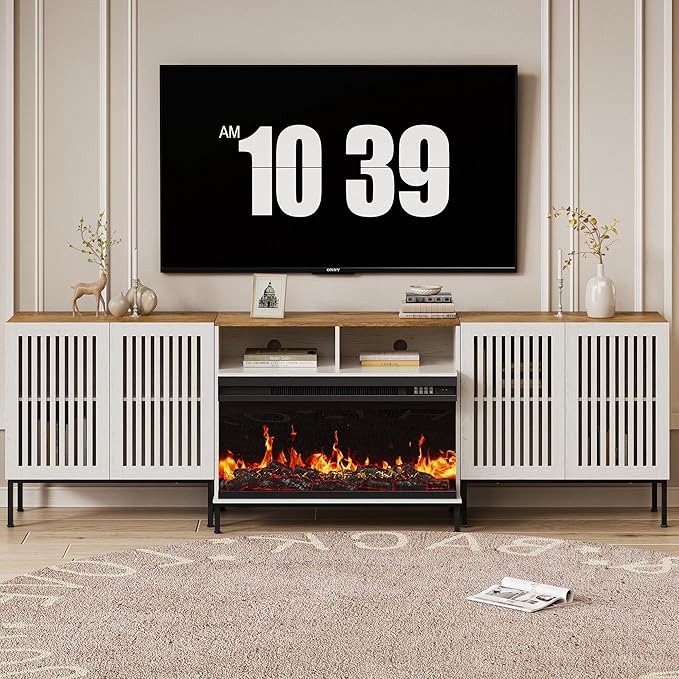 3-Sided Glass Farmhouse Fireplace TV Stand for TVs Up to 100 Inch, Entertainment Center with 36" Electric Fireplace, TV Console with Storage Cabinets for Living Room, Antique White-CasaMuseHome