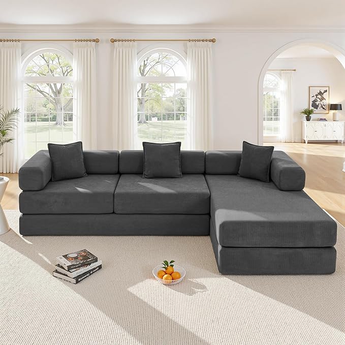108" Oversized Convertible Sleeper Sofa Bed, Corduroy L Shape Sectional Couch, Folding Sofa Bed with Side Pocket, Modern Cloud Floor Mattress Couch, Modular Sofa for Living Room, Grey-CasaMuseHome