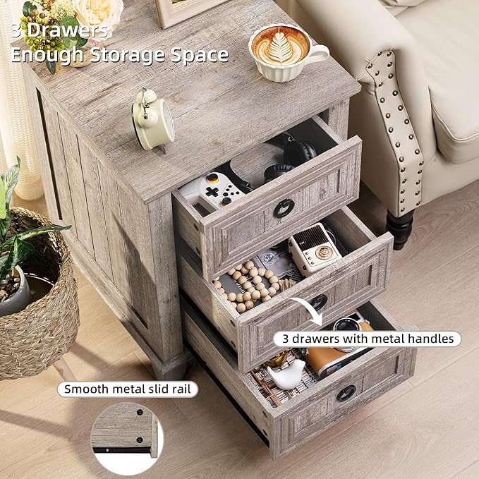 18" Farmhouse Night Stand with 3 Drawers, Wood End Table Dresser for Bedroom, Retro Oak Nightstand, Bed Side Table with Metal Handle, Bedside Cabinet for Bedroom Living Room, Closet-CasaMuseHome