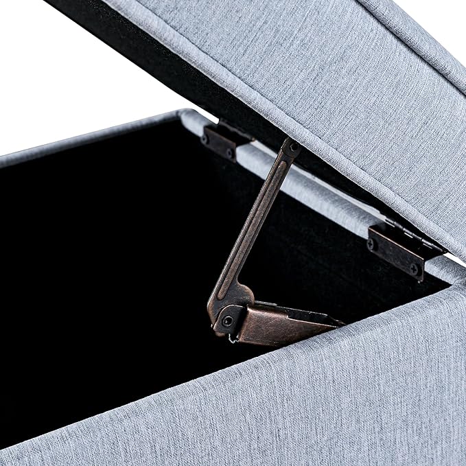 Adeco 17.5" Square Fabric Ottoman with Storage, Upholstered Cotton Linen Foot Rest, Flip Top Footstool, Small Cube Coffee Table Extra Seat for Living Room, Bedroom, Ice Blue with Rolling Legs-CasaMuseHome