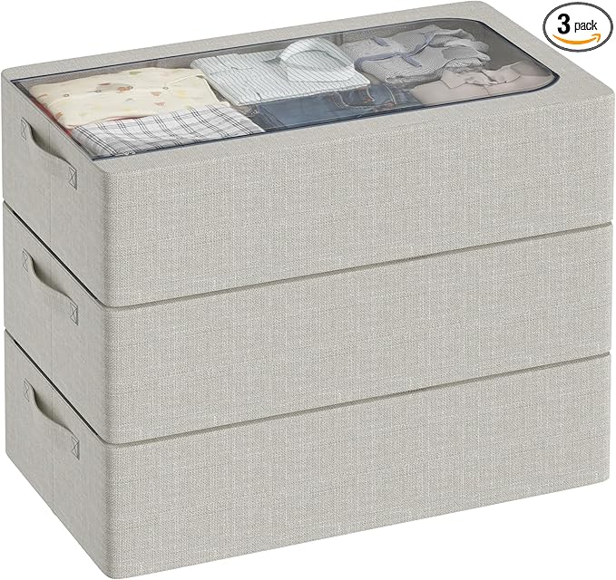 3PCS Under Bed Storage Bins with Metal Frame, Linen Fabric Frame Storage Box Clothes Organizer Bins, Underbed Container with Clear Window (Light Grey, 23.6 x 13 x 6IN)-CasaMuseHome