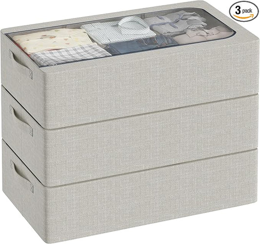 3PCS Under Bed Storage Bins with Metal Frame, Linen Fabric Frame Storage Box Clothes Organizer Bins, Underbed Container with Clear Window (Light Grey, 23.6 x 13 x 6IN)-CasaMuseHome