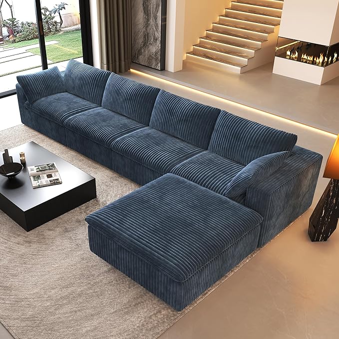 157.5" L Shaped Modern Sofa Modular Sectional Cloud Couch with Ottoman,Deep Seat Upholstered Couches with Corduroy Fabric for Living Room Furniture,Bedroom and Apartment,No Assembly Required,Blue-CasaMuseHome