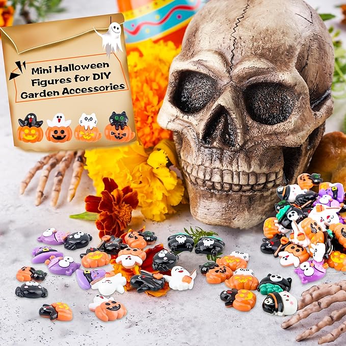 65 Pcs Mini Halloween Figurines Bulk Miniatures Resin Pumpkin Ghost Candy Hat Halloween Garden DIY Accessories for Halloween Decoration Goodie Bags Stuffers, 10 Styles-CasaMuseHome