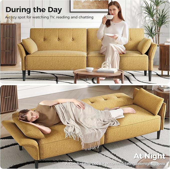 89” Futon Sofa Bed, Linen Comfy Futon Couch Bed with 2 Square Pillows, Convertible Sleeper Sofa with Adjustable Backrest& Armrests, Modern Loveseat Sleeper for Living Room, Bedroom, Yellow-CasaMuseHome