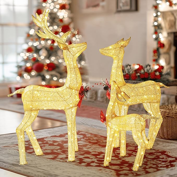 4.5FT Lighted Reindeer Family Set for Christmas Decoration, 3 Pieces Pre-Lit Iridescent Deer with 200 LED Lights, 3D Glittered Standing Holiday Display for Outdoor, Indoor, Golden-CasaMuseHome
