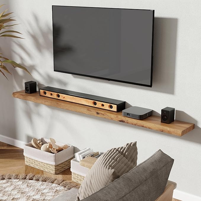 72" Floating Shelves, Live Edge Elm Wood Floating Shelf for Wall, Wall-Mounted Display Shelves with Invisible Heavy-Duty Bracket, Long Floating Shelf for Bathroom, Kitchen, Living Room, Natural Color-CasaMuseHome