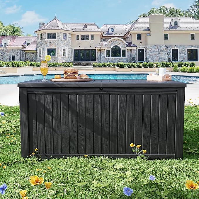 200 Gallon Outdoor Storage Box Waterproof Lockable Resin Deck Box Large, Patio Storage Bin for Pool Accessories Cushion Furniture, Garden Tools, UV-Resistant Outside Delivery Black-CasaMuseHome