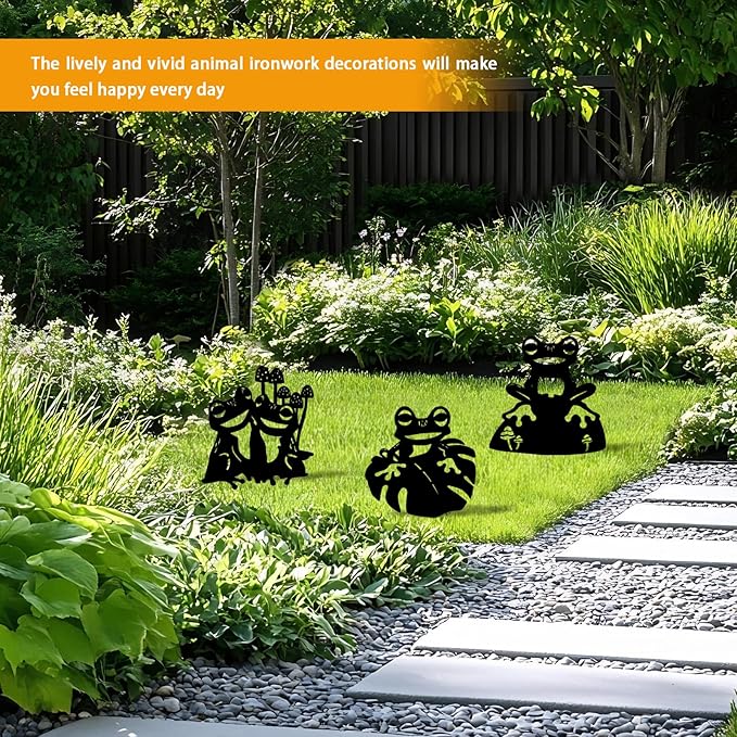 3 Pack Frog Metal Garden Decorative Stakes, Weather Proof Silhouette Statues for Yard, Patio,Outdoor Decor for Frog Lovers and Pet Owners-CasaMuseHome