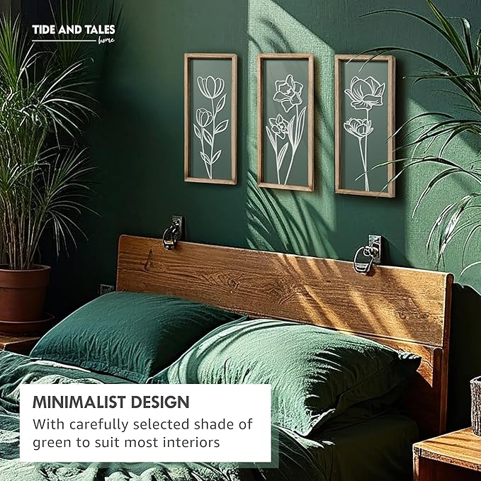 3D Floral Green Wall Art (Set of 3) Lightweight, Wooden Ready-to-Hang Boho Framed Wall Art for Bathroom, Master Bedroom, Living Room or Office - Premium Sage Green Farmhouse Decor - Gift-Boxed-CasaMuseHome