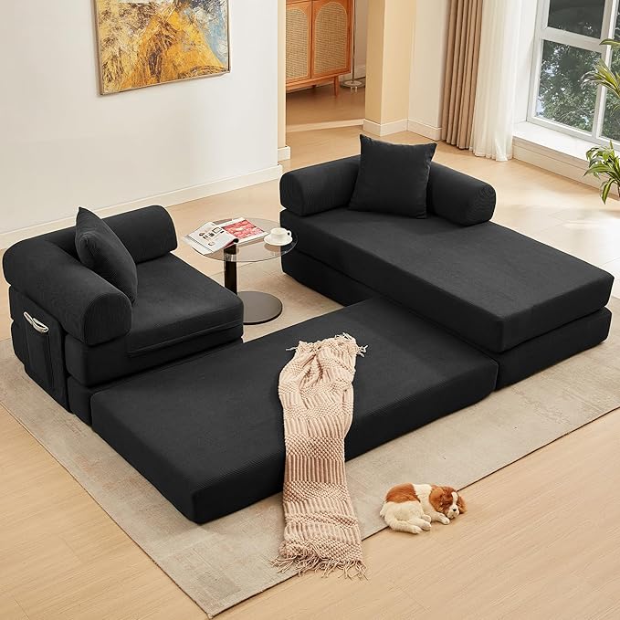 107" Oversized Convertible Sleeper Sofa Bed, Corduroy L Shape Sectional Couch, Folding Sofa Bed with Side Pocket, Modern Cloud Floor Mattress Couch, Modular Sofa for Living Room, Black-CasaMuseHome
