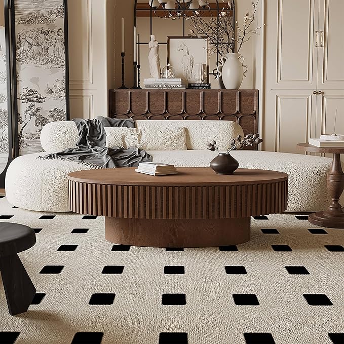 47.2''Oval Coffee Table with Storage, Mid Century Modern Fluted Drum Center Tables with Lid, Solid Wood Side Pedestal Coffee Table Tea Table for Living Room, Bedroom, Apartment-Walnut-CasaMuseHome