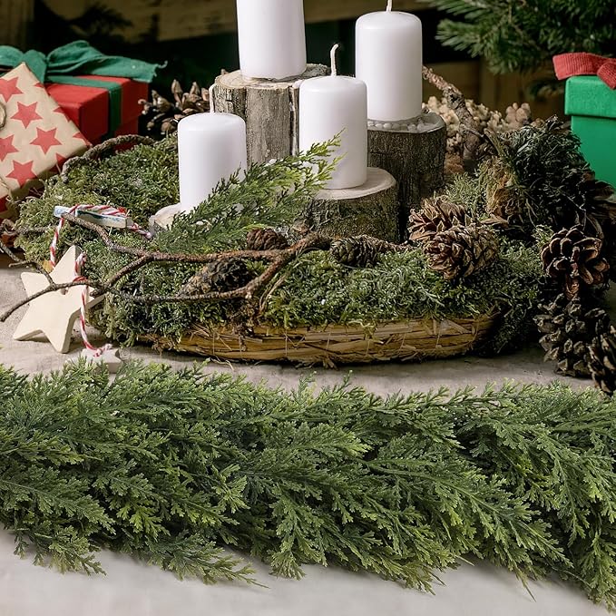 9ft Christmas Cedar Garland with Soft Thickness Pine, Artificial Green Faux Cedar Pine Garland for Mantle Fireplace Indoor Outdoor Holiday Party Home Decoration（2 Pcs）-CasaMuseHome