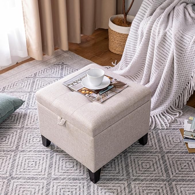 Adeco 18 Inch High Cube Ottoman Storage, Linen Chair Foot Stools, Upholstered Vanity Stool with Hinged Lid, Solid Wood Legs (Beige Grey)-CasaMuseHome