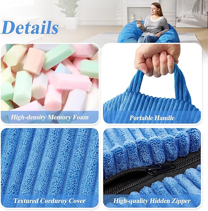 3.5FT Bean Bag Chairs Teardrop Bean Bag Chair for Adults Beanbag Chair with Memory Foam Filled Machine Washable Cover for Living Room, Bedroom (Large,Blue)-CasaMuseHome