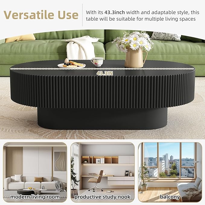 43.3" Oval Fluted Coffee Table Modern Elegant Drum End Table, Minimalist Center Table 7.8" Thick Tabletop with Sturdy Base for Living Room, Bedroom, Apartment,Easy Assembly, Black-CasaMuseHome