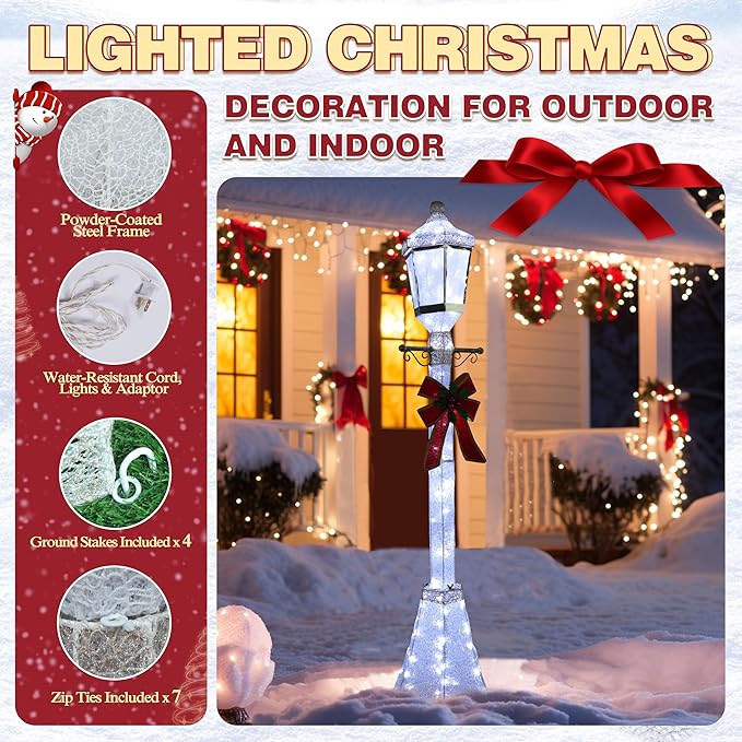 6FT Lighted Freestanding Lamp Post for Christmas Decoration, Pre-Lit Iridescent Post Lamp with 120 LED Lights & Removable Bow, Outdoor 3D Glittered Standing Festival Display, White-CasaMuseHome