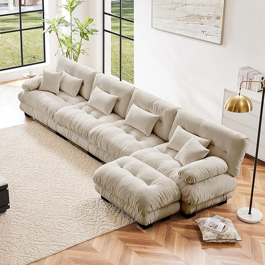 L Shaped Couch Sectional Couch, 4-Seater Cloud Couch Sectional Oversized Couch, Sofa Bed Couch with Round Bolster Armrests 6 Pillows, Modular Couch Home Sofa Living Room Couch-CasaMuseHome