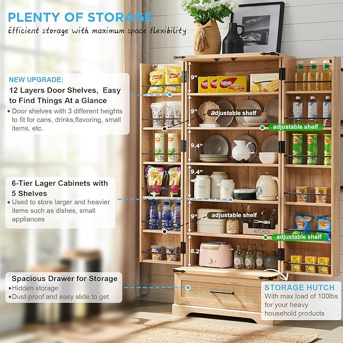 72" Tall Rattan Kitchen Pantry Cabinet with Drawer, Boho Storage Cabinet with 2 Rattan Doors and Shelves, Versatile Large Cabinet for Dining Room, Bathroom, Living Room, Laudry, Natural Oak-CasaMuseHome