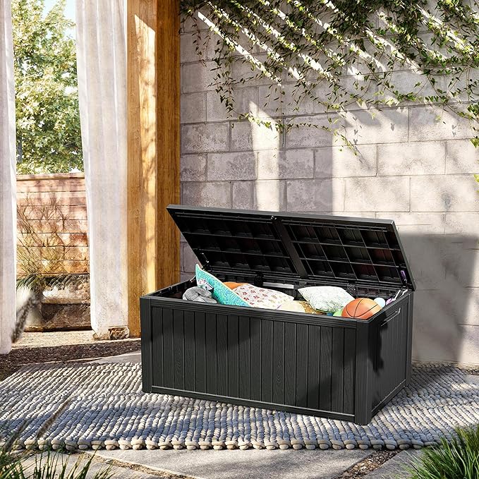 270 Gallon Lockable Resin Deck Box, Waterproof & UV-Resistant Outdoor Storage Box for Outdoor Cushion Storage, Garden Tools & Pool Accessories Storage, Black-CasaMuseHome