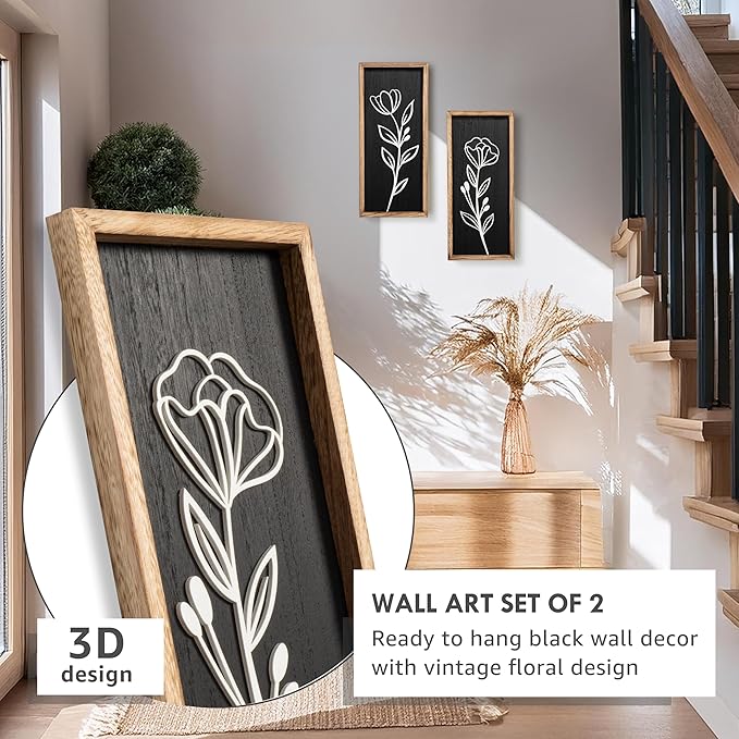 3D Vintage Black Living Room Decor (Set of 2) Lightweight, Wooden Ready-to-Hang Framed Moody Floral Wall Art for Bathroom, Bedroom or Office - Dark Textured Boho Farmhouse Wall Decor - Gift-Boxed-CasaMuseHome
