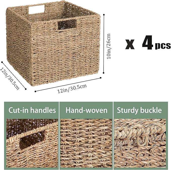 12x12x10in Seagrass Storage Baskets Set of 4, Large Wicker Storage Basket, Decorative Seagrass Shelf Basket, Pantry Baskets Organization,Folding Storage Cube Bins-CasaMuseHome