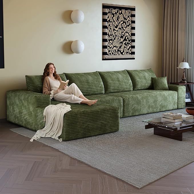 108" Sectional Couches for Living Room Modern Modular Sofa with L-Shape Couchs Upholstered Boneless Couch Deep Seat Sectional Couch with Chaise (Green, Left Facing Chaise+3Seaters)-CasaMuseHome