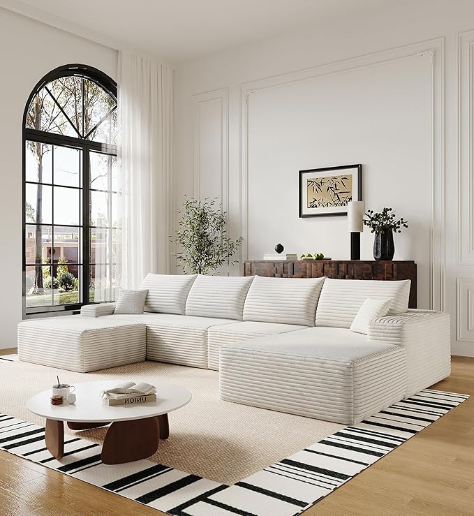 136" Sectional Couches for Living Room Modern Modular Sofa with L-Shape Couchs Upholstered Boneless Couch Deep Seat Sectional Couch with Chaise (White, Right Facing Chaise+3Seaters+Ottoman)-CasaMuseHome