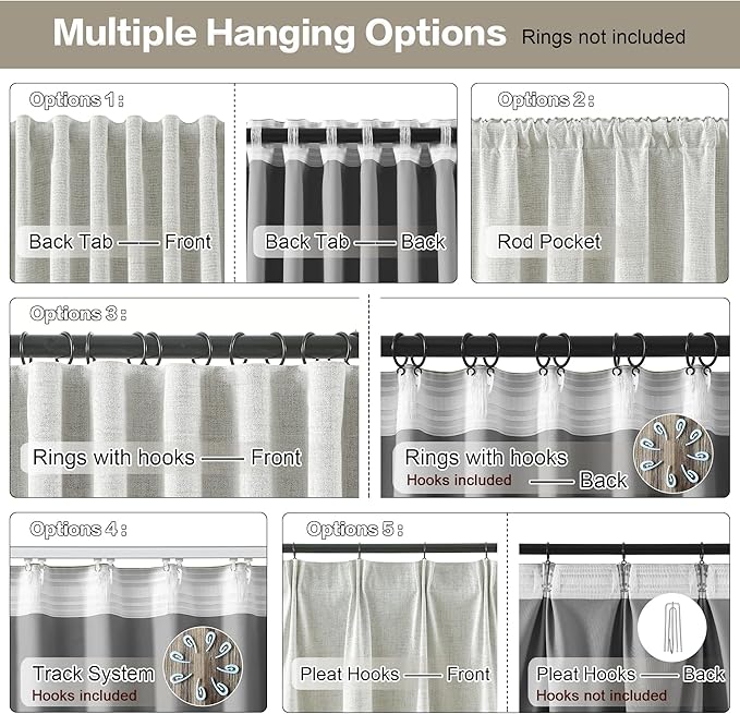 92 Inch Long Curtains 2 Panels,Back Tab Hook Belt with Hooks,Modern Neutral French Style Pleat Look Soundprof Linen Drop Cloth Traverse Blackout Curtains for Living Room 50W x 92L Natural Cream-CasaMuseHome