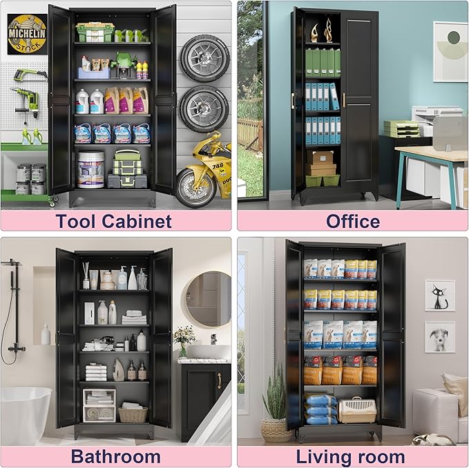 75" Storage Cabinet, Metal Pantry Cabinet, Kitchen Pantry Storage Cabinets with Doors and 4 Shelves, Cabinets for Laundry Room, Living Room, Dinning Room, Assembly Required, Black-CasaMuseHome