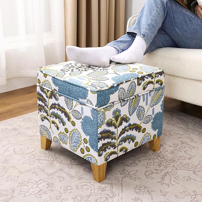 Adeco 18 Inch High Cube Ottoman Storage, Linen Chair Foot Stools, Upholstered Vanity Stool with Hinged Lid, Solid Wood Legs (Blue Leaves)-CasaMuseHome