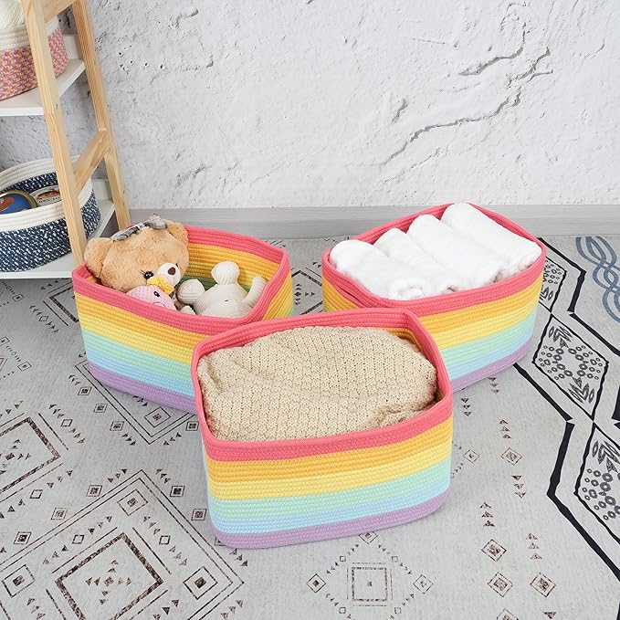 3-Pack Rainbow Storage Baskets 14.5X9.5X9.3“ – Woven Toy Organizer Bins for Kids, Baby Room, Nursery, and Classroom – Cute Square Rope Baskets for Shelves and Organization Rainbow-CasaMuseHome