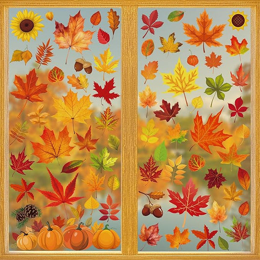 9 Sheets Fall Decorations, 274 PCS Fall Window Clings, Double Sided Autumn Stickers with Maple Leaves Pumpkin Nuts, Autumn Window Clings for Party Thanksgiving Decor Indoor Outdoor Accessories-CasaMuseHome