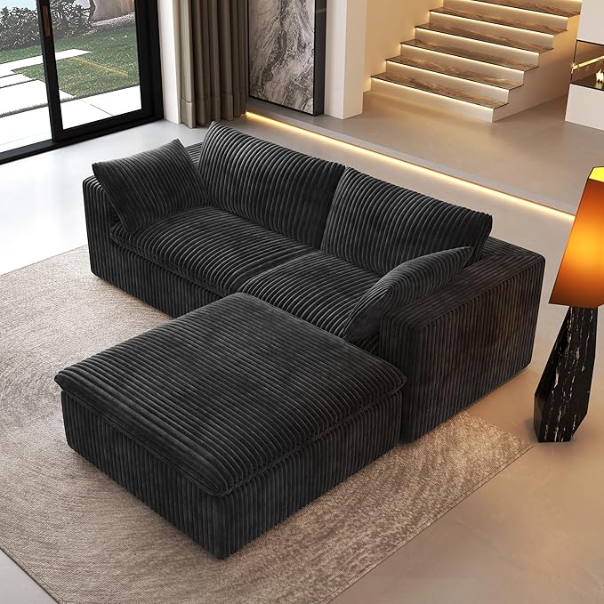 78.74" L Shaped Modern Sofa Modular Sectional Cloud Couch with Ottoman,Upholstered Couches with Plush Corduroy Fabric for Living Room Furniture,Bedroom and Apartment,No Assembly Required,Black-CasaMuseHome