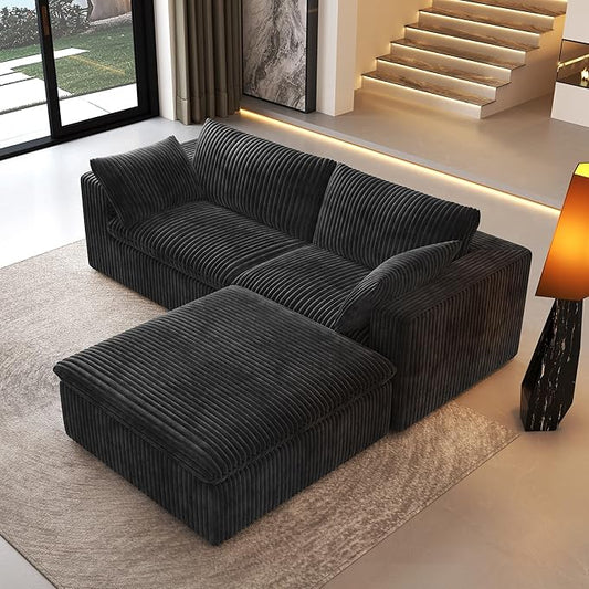 78.74" L Shaped Modern Sofa Modular Sectional Cloud Couch with Ottoman,Upholstered Couches with Plush Corduroy Fabric for Living Room Furniture,Bedroom and Apartment,No Assembly Required,Black-CasaMuseHome