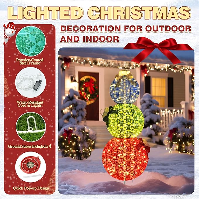 5FT Lighted Pop Up Stackable Ornaments for Christmas Decoration, 3D Pre-Lit Decor with 210 LED Lights with Easy Pop-Up Design, Freestanding Glittered Holiday Display for Outdoor, Indoor-CasaMuseHome