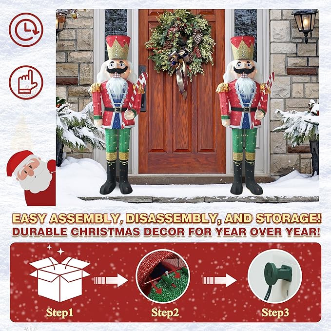 5FT Lighted Nutcracker with Candy Cane for Christmas Decoration, 3D Pre-Lit Iridescent Soldier Xmas Decor with 100 Warm White Lights, Glittered Standing Holiday Display for Outdoor, Indoor-CasaMuseHome