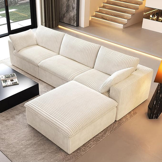 118" L Shaped Modern Sofa Modular Sectional Cloud Couch with Ottoman,Deep Seat Upholstered Couches with Plush Corduroy Fabric for Living Room Furniture,Bedroom and Apartment,No Assembly Required,White-CasaMuseHome