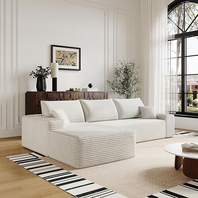108" Sectional Couches for Living Room Modern Modular Sofa with L-Shape Couchs Upholstered Boneless Couch Deep Seat Sectional Couch with Chaise (White, Left Facing Chaise+2Seaters)-CasaMuseHome