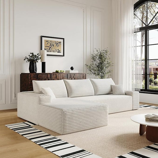 108" Sectional Couches for Living Room Modern Modular Sofa with L-Shape Couchs Upholstered Boneless Couch Deep Seat Sectional Couch with Chaise (White, Left Facing Chaise+2Seaters)-CasaMuseHome