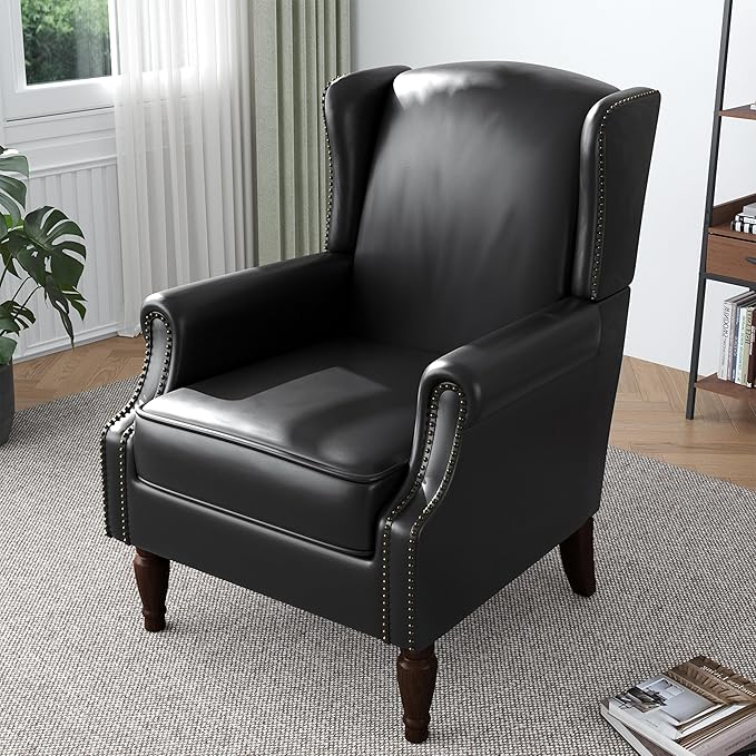 Accent Chair, Faux Leather High Back Armchair or Living Room, Comfy Upholstered Single Sofa Reading Chair with Solid Wood Legs for Office, Bedroom, Waiting Room-Black-CasaMuseHome