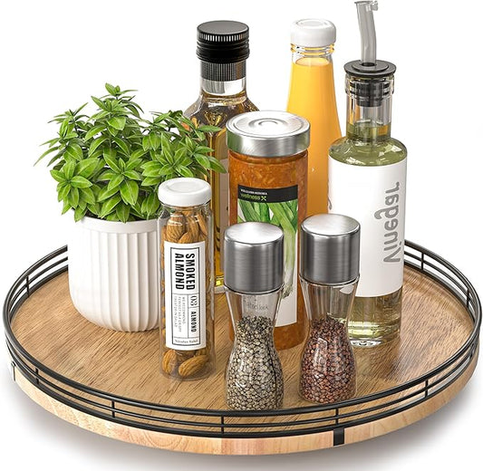 13" Lazy Susan Oak Wood Turntable Organizer for Cabinet, Farmhouse Round Wooden Lazy Susan Organization and Storage for Dining Table, Pantry, Kitchen, Bathroom, Countertop, Cupboard, Home Decor-CasaMuseHome