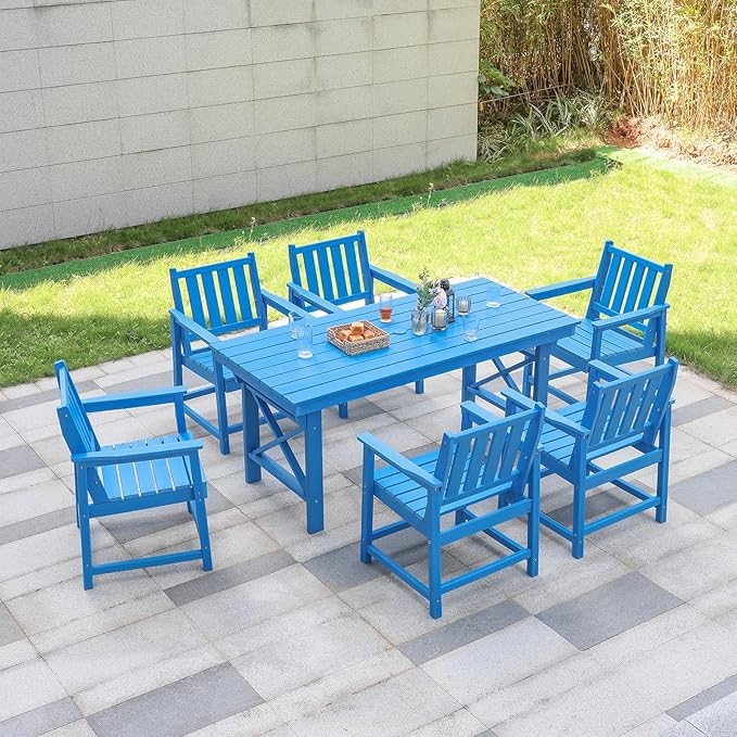 7 Pieces HDPE Outdoor Dining Set, Patio Dining Set with Umbrella Hole, All Weather Outdoor Dining Table Sets for 6, HDPE Patio Furniture Sets for Deck, Backyard, Lawn, and Poolside, Sky Blue-CasaMuseHome