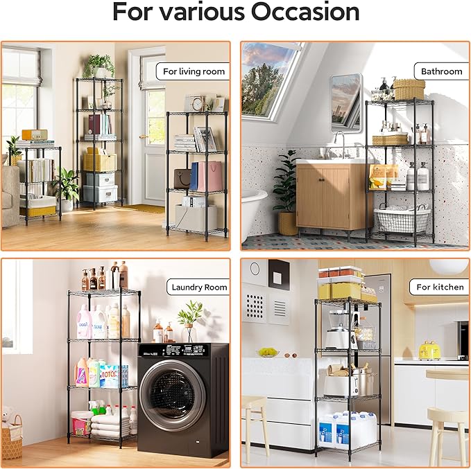 4 Tiers Shelf Metal Storage Shelves Wire Rack Closet Organizers with Wheel for Garage Kitchen Bathroom Laundry Black 11.8" D x 17.7" W x 41.9" H-CasaMuseHome