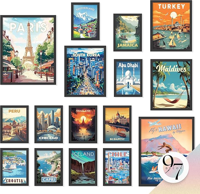 97 Decor LARGE 11x14 Vintage Travel Posters Wall Art - Retro Travel Decor For Home, Traveling Art Prints Around World Destination Pictures Famous City Artwork For Classroom (Unframed)-CasaMuseHome